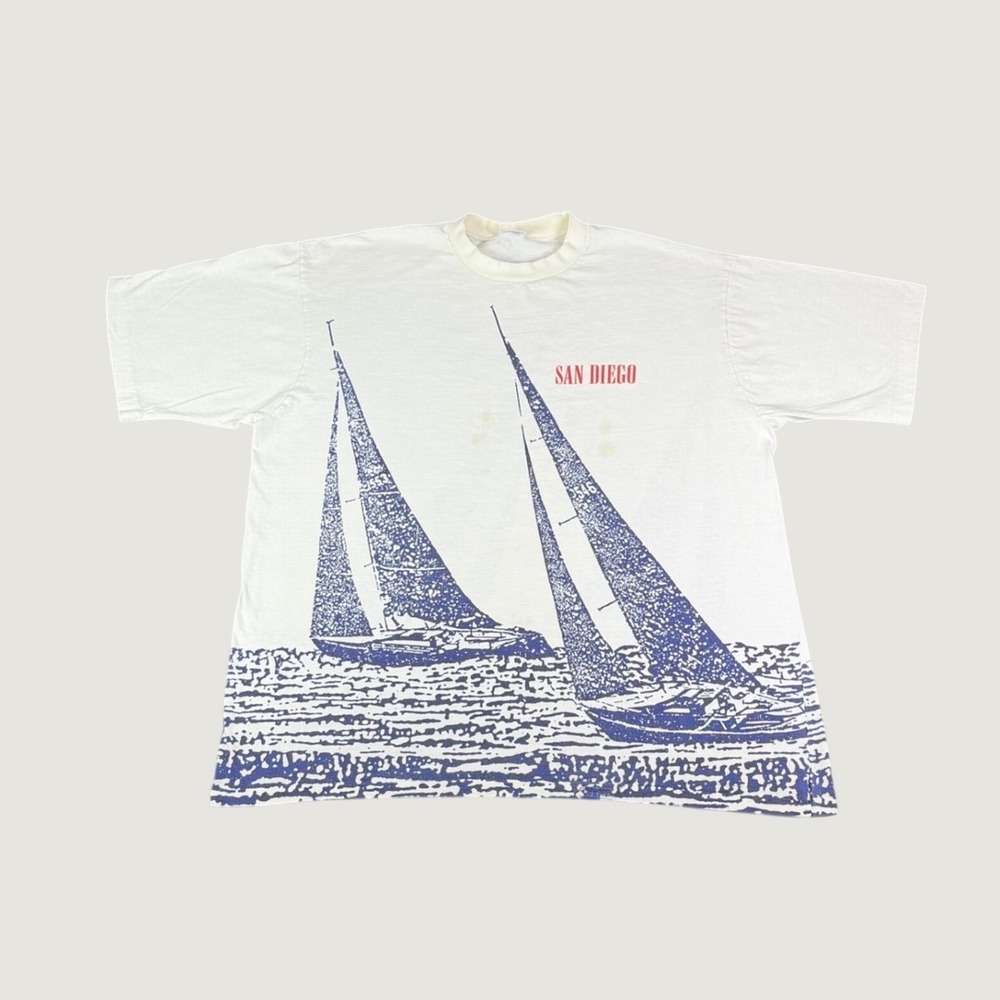 Vintage Crazy Shirts Hawaii San Diego Sailing T-Shirt XL White Wraparound 90s
